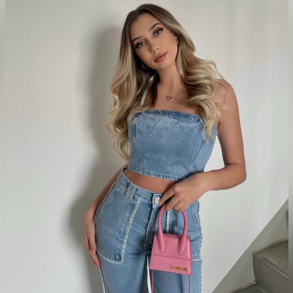 LAST🔥Zara Denim Matching 2 Piece Set! Stitch & Rhinestone Detail. - Picture 2 of 15